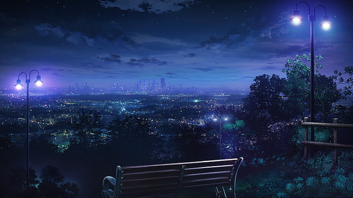braune Holzbank, Nacht, Lichter der Stadt, Stadtbild, Anime, Laterne, Bank, Himmel, HD-Hintergrundbild