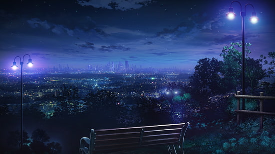 banco de madera marrón, noche, luces de la ciudad, paisaje urbano, anime, linterna, banco, cielo, Fondo de pantalla HD HD wallpaper