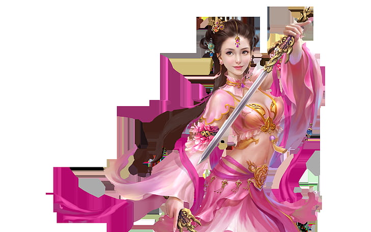 Piękna dziewczyna różowe jedwabne ubrania biżuteria miecz w dłoni Asia Oriental Fantasy Art tapety na pulpit, Tapety HD