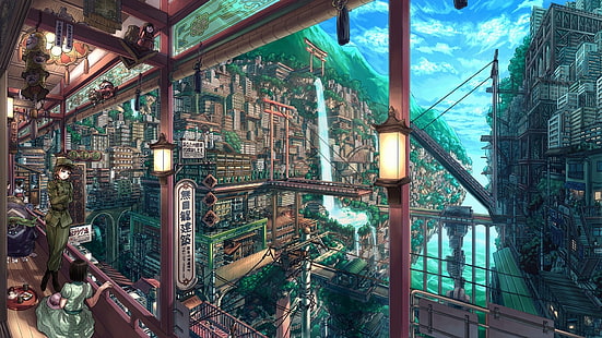 paisagem urbana de anime, anime girls, paisagem, anime, HD papel de parede HD wallpaper