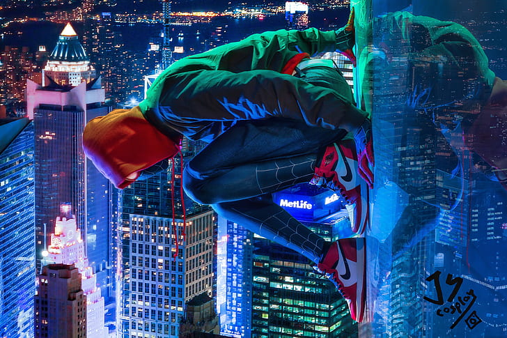 Miles Morales, Marvel Comics, Spider-Man: Into the Spider-Verse, Spider-Man, cosplay, Nike, hoods, cityscape, HD wallpaper