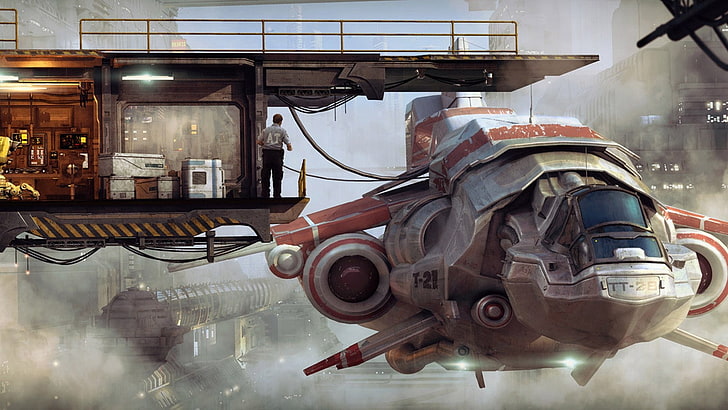 szaro-brązowa ilustracja samolotu, statek kosmiczny, futurystyczny, science fiction, fantasy art, Tapety HD
