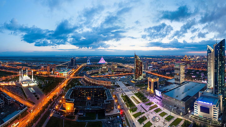 Astana, Kazakhstan, paysage de la ville, crépuscule, lumières, bâtiments, nuages, Astana, Kazakhstan, ville, paysage, crépuscule, lumières, bâtiments, nuages, Fond d'écran HD