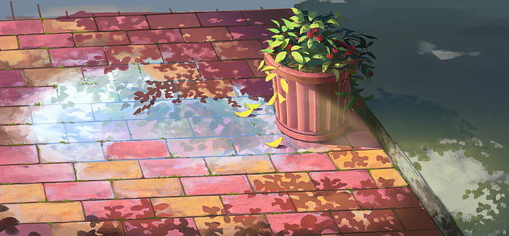 karya seni, anime, atap rumah, tanaman, Wallpaper HD
