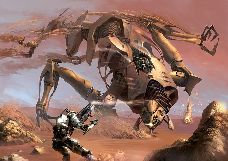 robot fighting robot illustration, science fiction, digital art, futuristic, HD wallpaper