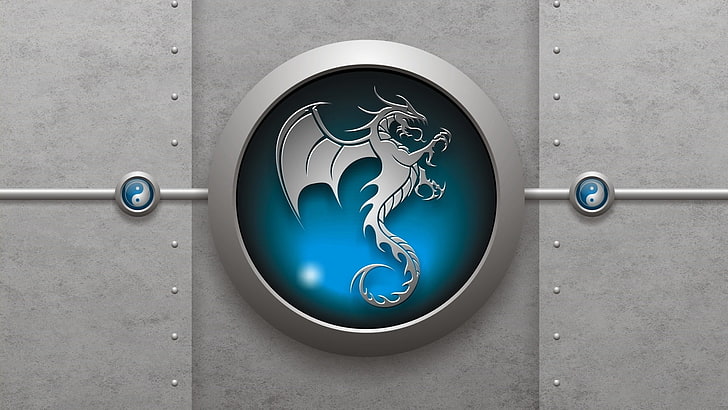 эмблема голубого и серебряного дракона, дракон, цифровое искусство, Инь и Ян, HD обои