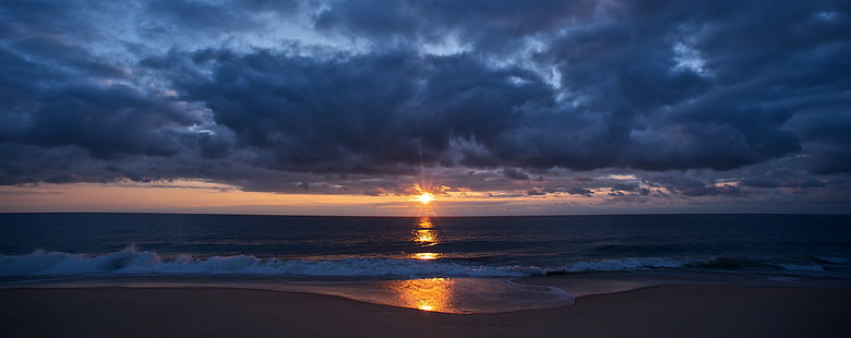 naturaleza, paisaje, cielo, nubes, playa, puesta de sol, agua, mar, costa, olas, reflexión, Fondo de pantalla HD HD wallpaper