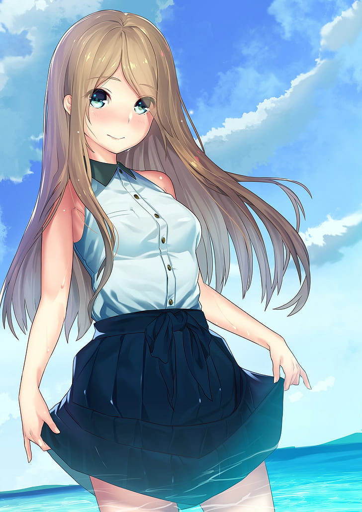 Anime, Anime Girls, nasse, lange Haare, blaue Augen, Brünette, Wasser, HD-Hintergrundbild, Handy-Hintergrundbild