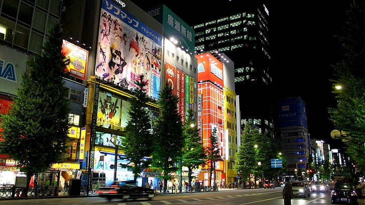 синий и серый светодиодный рекламный щит, Япония, Токио, вечер, город, улица, HD обои