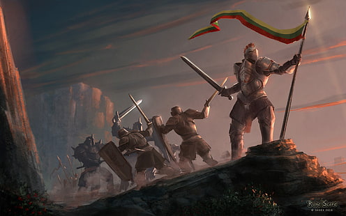 騎士の戦いの図、ルーンスケープ、旗、鎧、騎士、アートワーク、戦士、戦い、ファンタジーアート、ビデオゲーム、リトアニア、 HDデスクトップの壁紙 HD wallpaper
