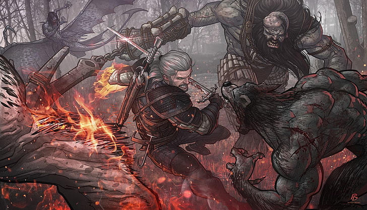 karakter laki-laki memegang pedang digital wallpaper, The Witcher 2: Assassins of Kings, werewolves, The Witcher, The Witcher 3: Perburuan Liar, Geralt of Rivia, Wallpaper HD