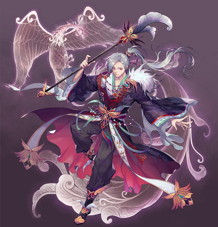 drawing, men, Asian, silver hair, magician, birds, phoenix, oriental, kimono, staff, floating, jewelry, HD wallpaper