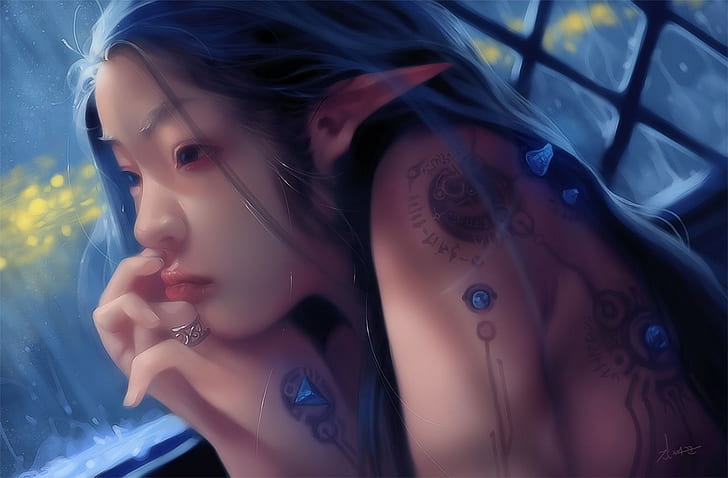 2D, arte de fantasía, orejas puntiagudas, cabello azul, tatuaje, Fondo de pantalla HD