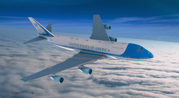 AirForce One, бял и син САЩ самолет, артистичен, 3D, дизайн, въздух, визуализации, cinema4d, небе, самолет, американски, самолет, президент, матово рисуване, самолет, HD тапет
