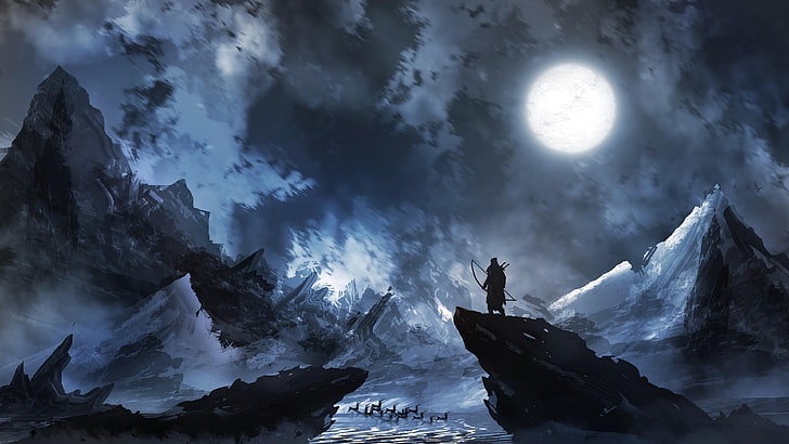 cielo, oscuridad, luz de la luna, montaña, luna, congelación, paisaje, arte de fantasía, arte, Fondo de pantalla HD