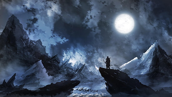 cielo, oscurità, chiaro di luna, montagna, luna, congelamento, paesaggio, fantasy art, arte, Sfondo HD HD wallpaper