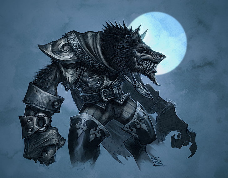 иллюстрация оборотня, луна, волк, доспехи, World of Warcraft, катаклизм, оборотень, вау, ворген, HD обои