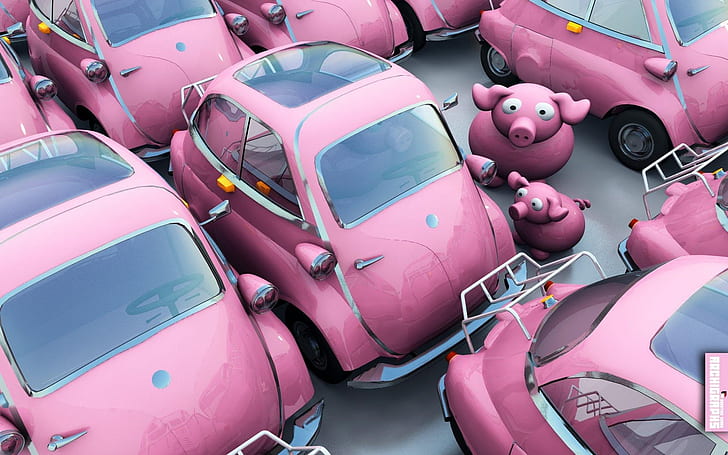 3D pink cars and pigs, pink, cars, pigs, 3d and abstract, HD wallpaper