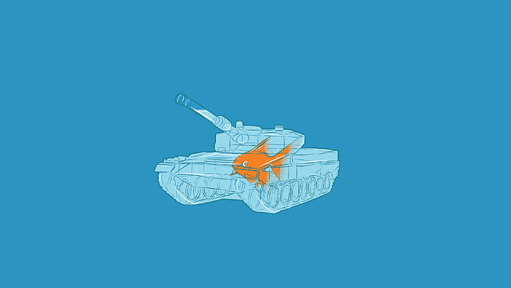 ilustracja czołgu bojowego, czołg, minimalizm, ryba, niebieski, niebieskie tło, cyjan, Tapety HD