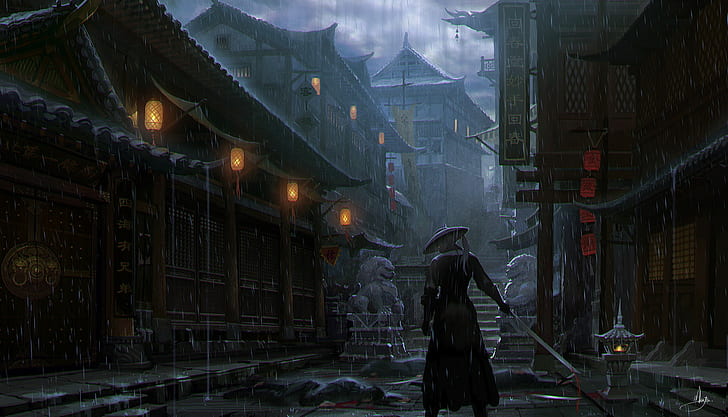 obra de arte, cidade imperial, chuva, samurai, HD papel de parede