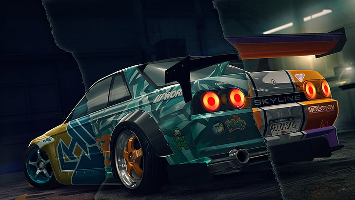 ilustracja zielono-pomarańczowego coupe, Need for Speed: No Limits, gry wideo, tuning, Nissan Skyline R32, garaże, JDM, tylne światła, felgi, Need for Speed, pojazd, Tapety HD