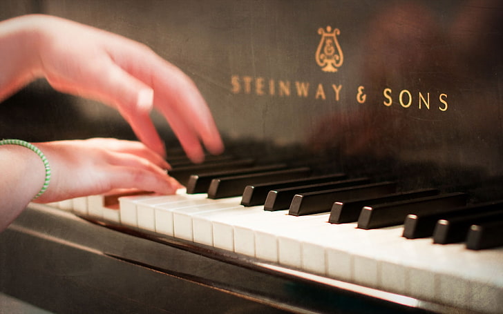 black and white Steinway & Sons upright piano, music, hands, piano, HD wallpaper