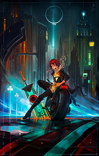 أنثى ذات شعر أحمر تجلس على ورق حائط سيارة رياضية رقمي ، ترانزستور ، ألعاب فيديو ، عمل فني، خلفية HD HD wallpaper