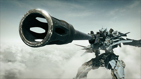 robot grigio e nero con sfondo di display fucile, mech, Transformers, fantascienza, arma, arte digitale, rendering, Sfondo HD HD wallpaper