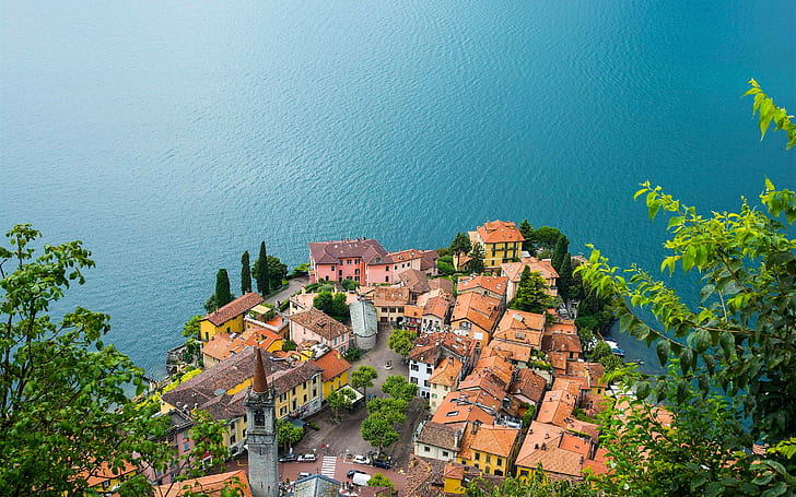 コモ湖、ヴァレンナ、イタリア、住宅、茶色の家、湖、コモ、ヴァレンナ、イタリア、住宅、 HDデスクトップの壁紙