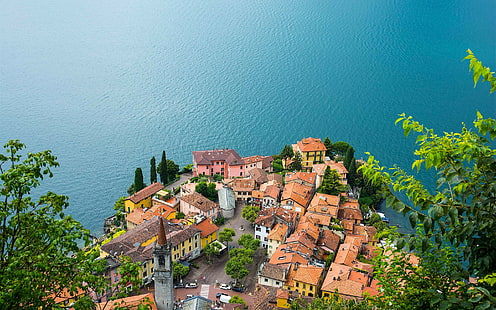 بحيرة كومو ، فارينا ، إيطاليا ، منازل ، منازل بنية ، بحيرة ، كومو ، فارينا ، إيطاليا ، منازل، خلفية HD HD wallpaper