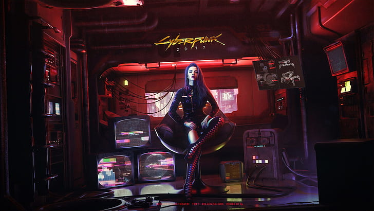Cyberpunk 2077, futuristisch, Frauen, sitzend, Fernsehen, digitale Kunst, HD-Hintergrundbild