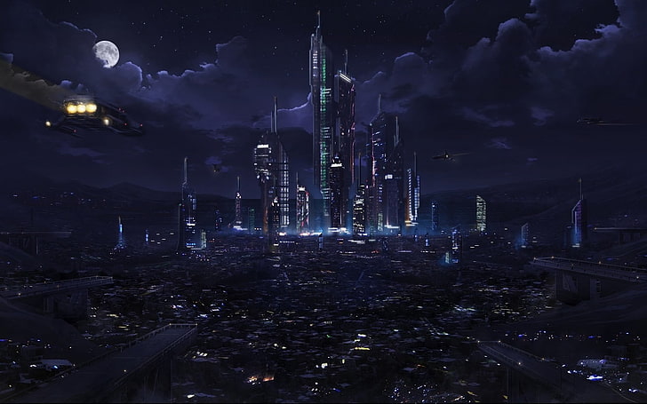 budynki pod zachmurzonym nocnym niebem malarstwo cyfrowe, science fiction, Tapety HD