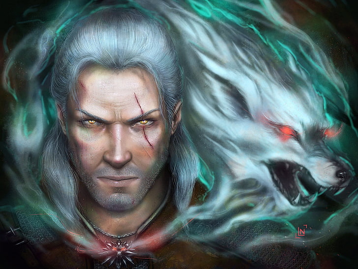 The Witcher, Face, Geralt of Rivia, Scar, Spirit, Warrior, White Hair, Wolf, Yellow Eyes, HD wallpaper