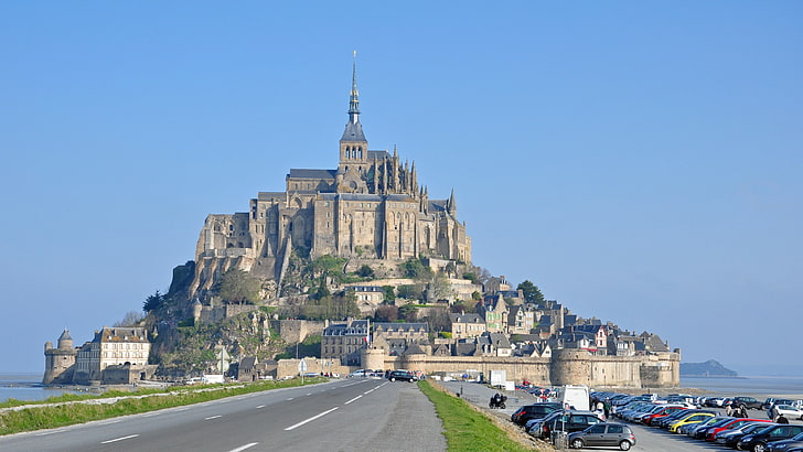 Mont Saint-Michel, arsitektur, Biara, pulau, lanskap kota, Prancis, Wallpaper HD