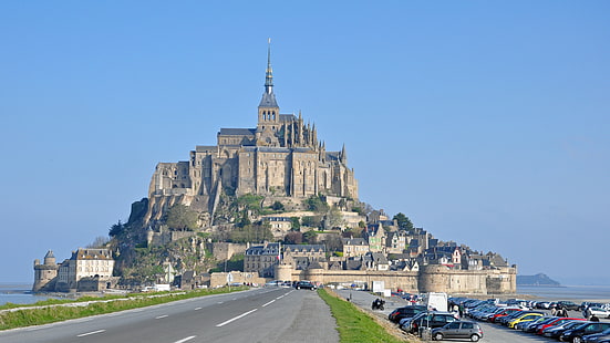Мон Сен Мишел, архитектура, абатство, остров, градски пейзаж, Франция, HD тапет HD wallpaper