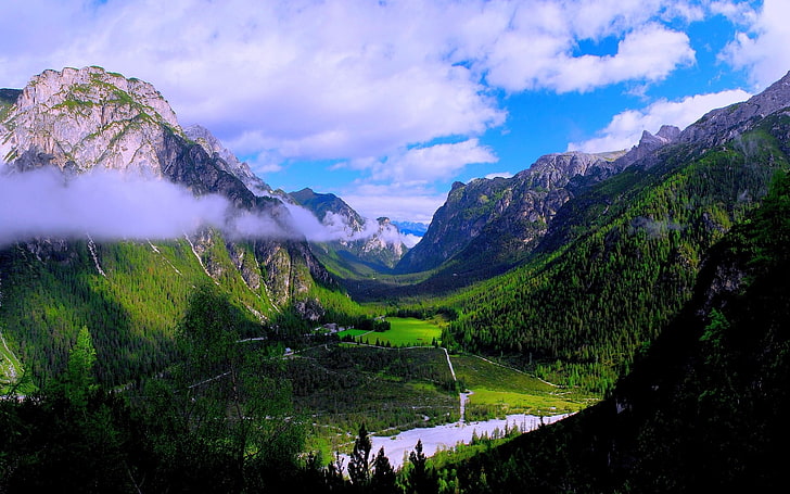 montanha verde, montanhas, floresta, vale, verde, nuvens, natureza, paisagem, HD papel de parede