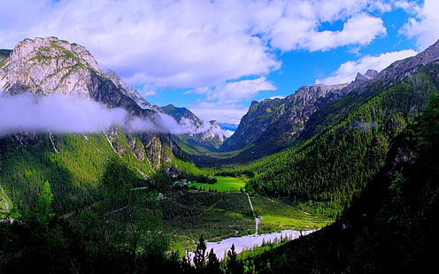 green mountain, mountains, forest, valley, green, clouds, nature, landscape, HD wallpaper HD wallpaper