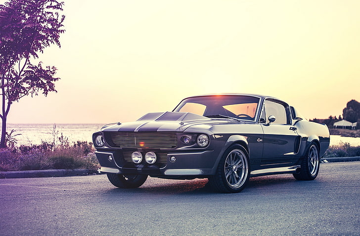 black coupe, car, Ford Mustang, Shelby, gt500, gray, eleanor, muscle cars, HD wallpaper