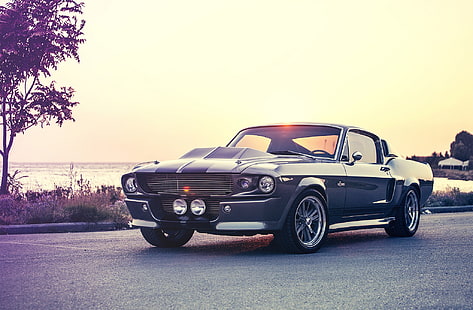 black coupe, car, Ford Mustang, Shelby, gt500, gray, eleanor, muscle cars, HD wallpaper HD wallpaper