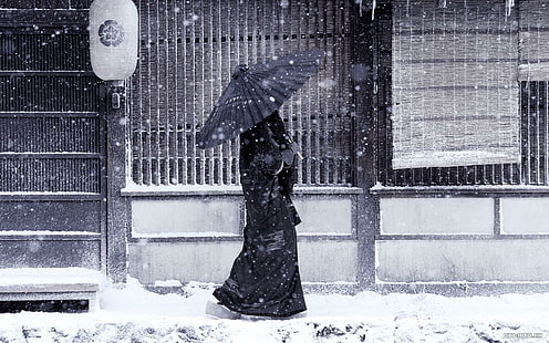 Mulher japonesa, neve, guarda-chuva, japão, HD papel de parede HD wallpaper