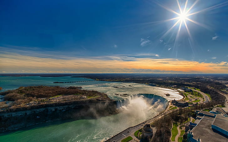 Ниагарский водопад, Онтарио, солнце, Канада, река, панорама, Онтарио, Ниагарский водопад, HD обои