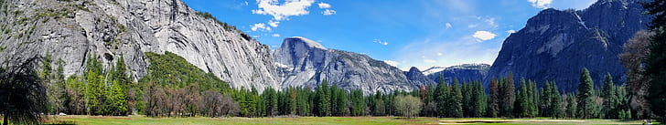 panorama, panorama, trippel skärm, flera skärmar, natur, fotografi, Yosemite Valley, Yosemite National Park, Half Dome, klippa, berg, träd, skog, fält, HD tapet