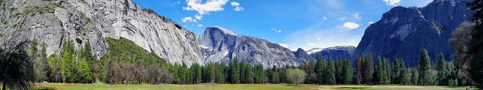 panorama, panoramas, triple screen, multiple display, nature, photography, Yosemite Valley, Yosemite National Park, Half Dome, cliff, mountains, trees, forest, field, HD wallpaper HD wallpaper