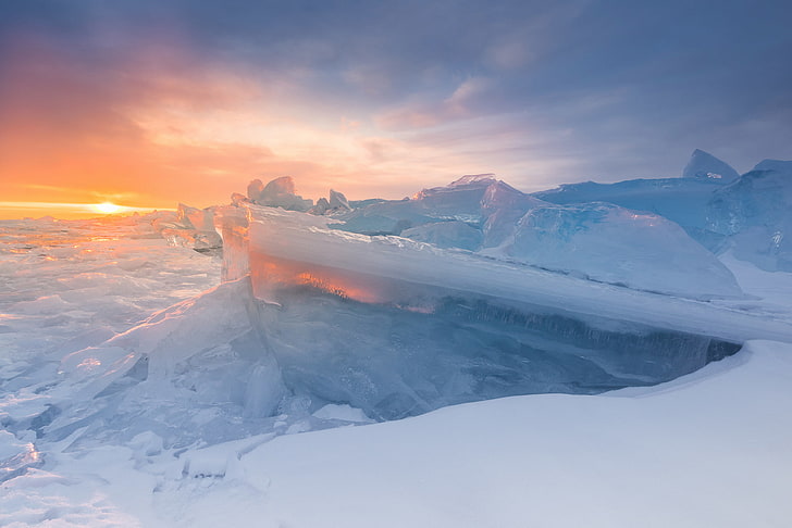 iceberg, inverno, o sol, lago, gelo, Baikal, HD papel de parede