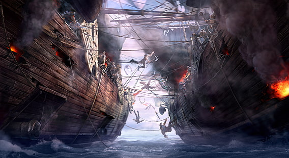 papel de parede de guerra de navio pirata, mar, navios, arte, batalha, eternidade do dragão, conselho de administração, dragões da eternidade, batalha naval, HD papel de parede HD wallpaper