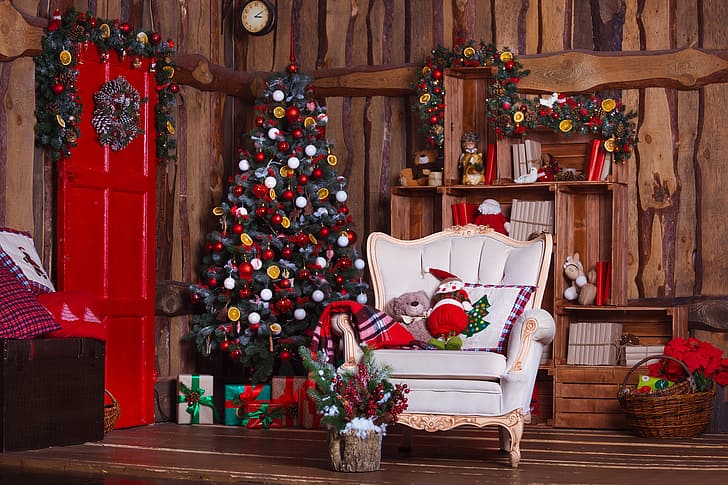 decoration, room, balls, toys, tree, New Year, Christmas, gifts, design, wood, Merry Christmas, Xmas, interior, home, Christmas tree, holiday celebration, HD wallpaper
