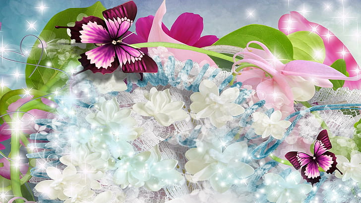 Glowing So Bright, bows, soft, ribbons, butterfly, fleurs, flowers, pink, lace, scatter, blue, papillion, butterflies, HD wallpaper