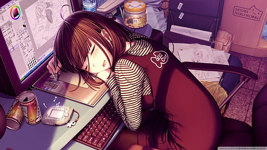 chicas anime, durmiendo, Sayori, personajes originales, anime, computadora, Fondo de pantalla HD HD wallpaper