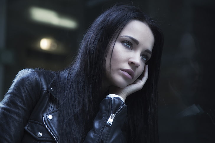 Angelina Petrova, women, model, face, portrait, leather jackets, black hair, HD wallpaper