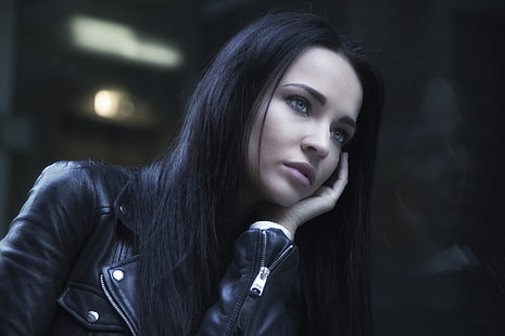 Angelina Petrova, women, model, face, portrait, leather jackets, black hair, HD wallpaper HD wallpaper